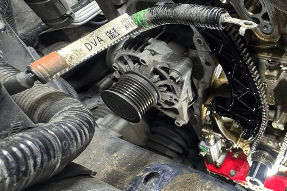 Alternator repair, auto repair in Alexandria, OH, at Enright Automotive. Close-up of an engine with the timing cover removed, exposing the timing chain, guides, and alternator during a professional timing chain replacement and internal engine repair.